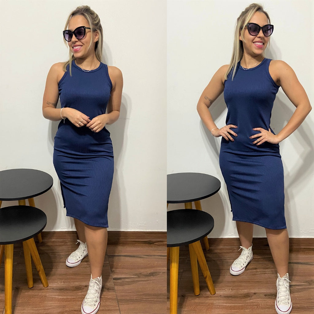 Vestido Midi Regata Com Fenda Lateral Canelado